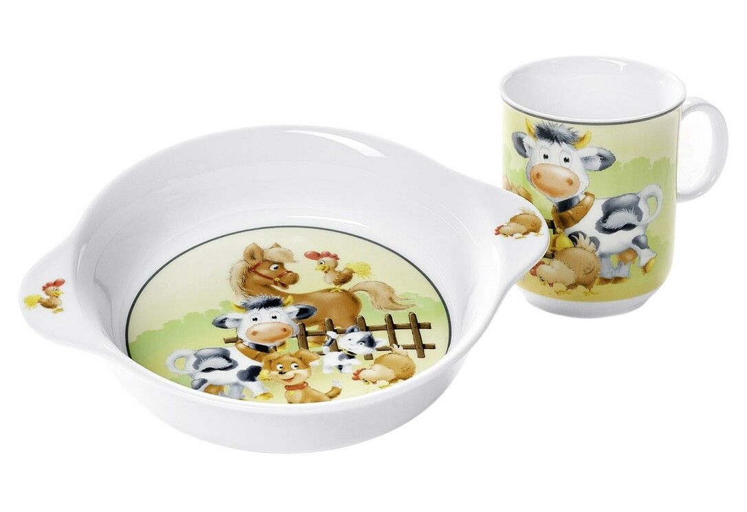 Kindergeschirr-Set. Schüssel und Becher mit Tiermotiven. Weißes Porzellan mit farbiger Illustration. RITZENHOFF & BREKER.