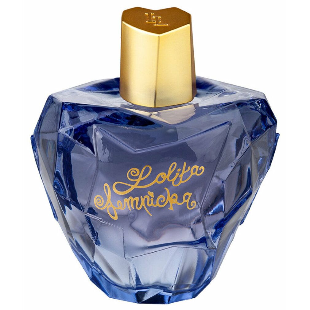 Blaues Parfümflakon mit goldfarbenem Deckel. Aufschrift "Lolita Lempicka" in Gold. Facettiertes Design.