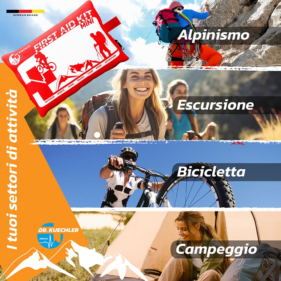 Rotes Erste-Hilfe-Set mit Aufdruck: Erste Hilfe Kit Mini. Szenen: Bergsteigen, Wandern, Radfahren, Camping. Dr. Kuechler Logo.