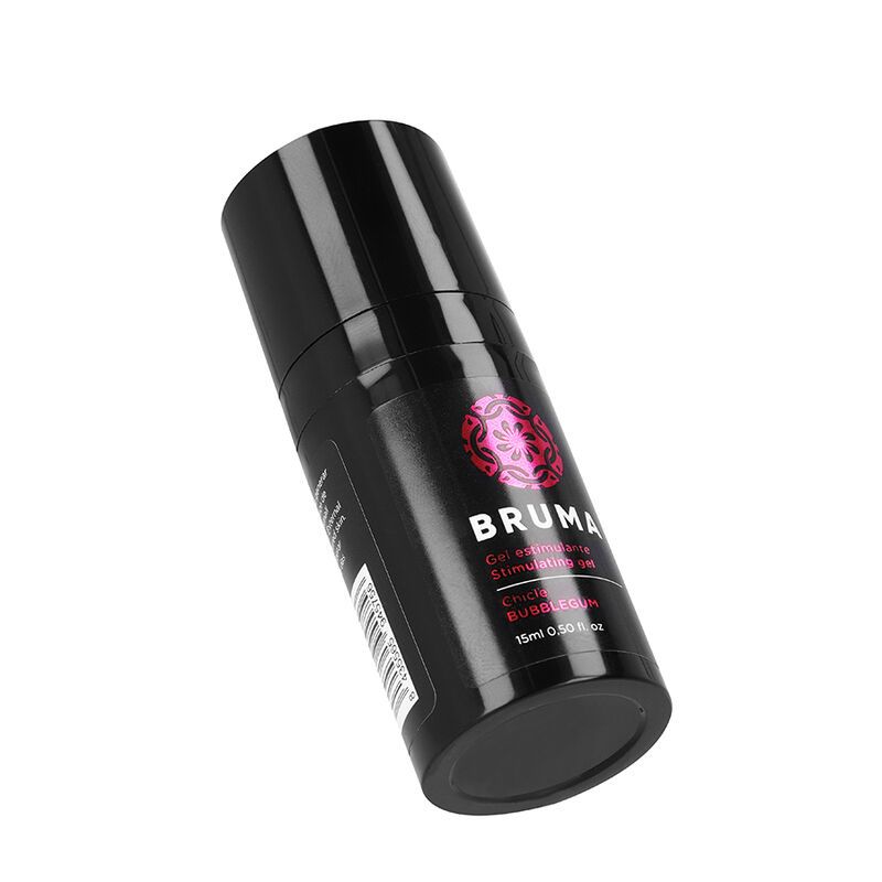 Schwarze Flasche mit rosa Logo und Text. Aufschrift: Bruma, Stimulationsgel, Bubblegum. 15ml Format.
