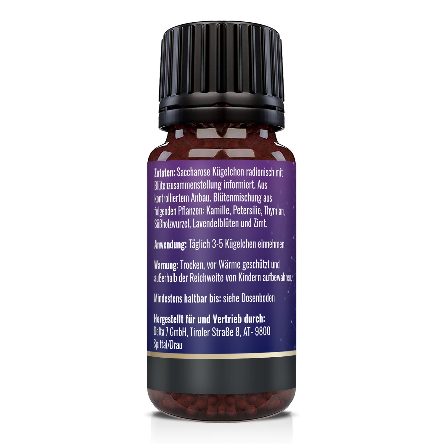 Rückseite der Flasche. Zutatenliste: Saccharose Kügelchen, Blütenmischung. Anwendung: 3-5 Kügelchen täglich. Warnhinweis.