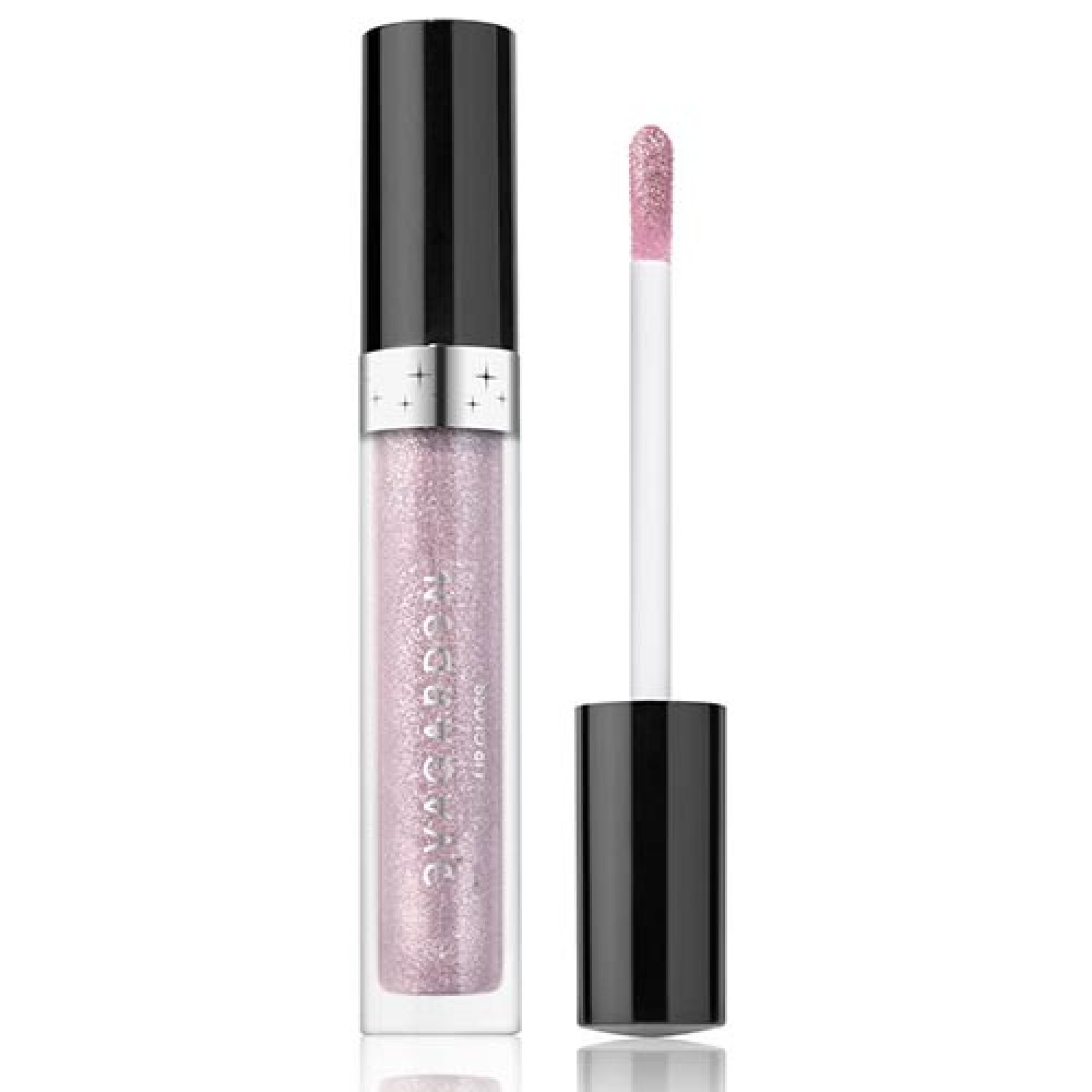 Lipgloss-Fläschchen mit schwarzem Deckel und Applikator. Der Lipgloss ist rosa mit Glitzer. Der Applikator ist mit rosa Glitzer bedeckt.