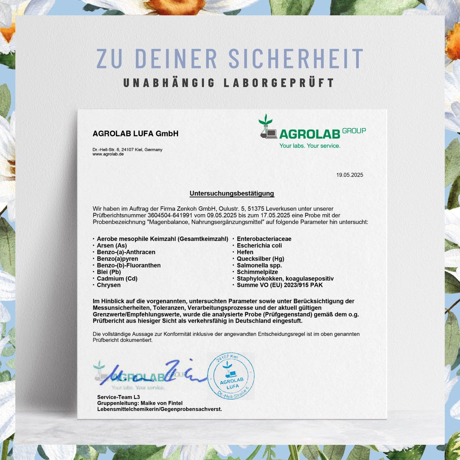 Zertifikat von AGROLAB LUFA GmbH. Untersucht: Magenbalance. Parameter: Aerobe mesophile Keimzahl, Arsen, Blei, etc. Datum: 19.05.2023.