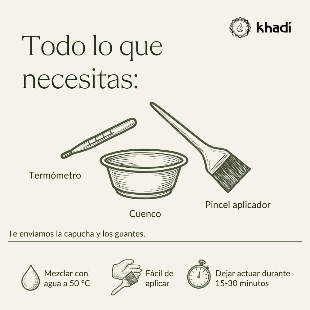 Abbildung von Utensilien: Thermometer, Schüssel, Pinsel. Text: Todo lo que necesitas. Mischung mit Wasser bei 50°C.