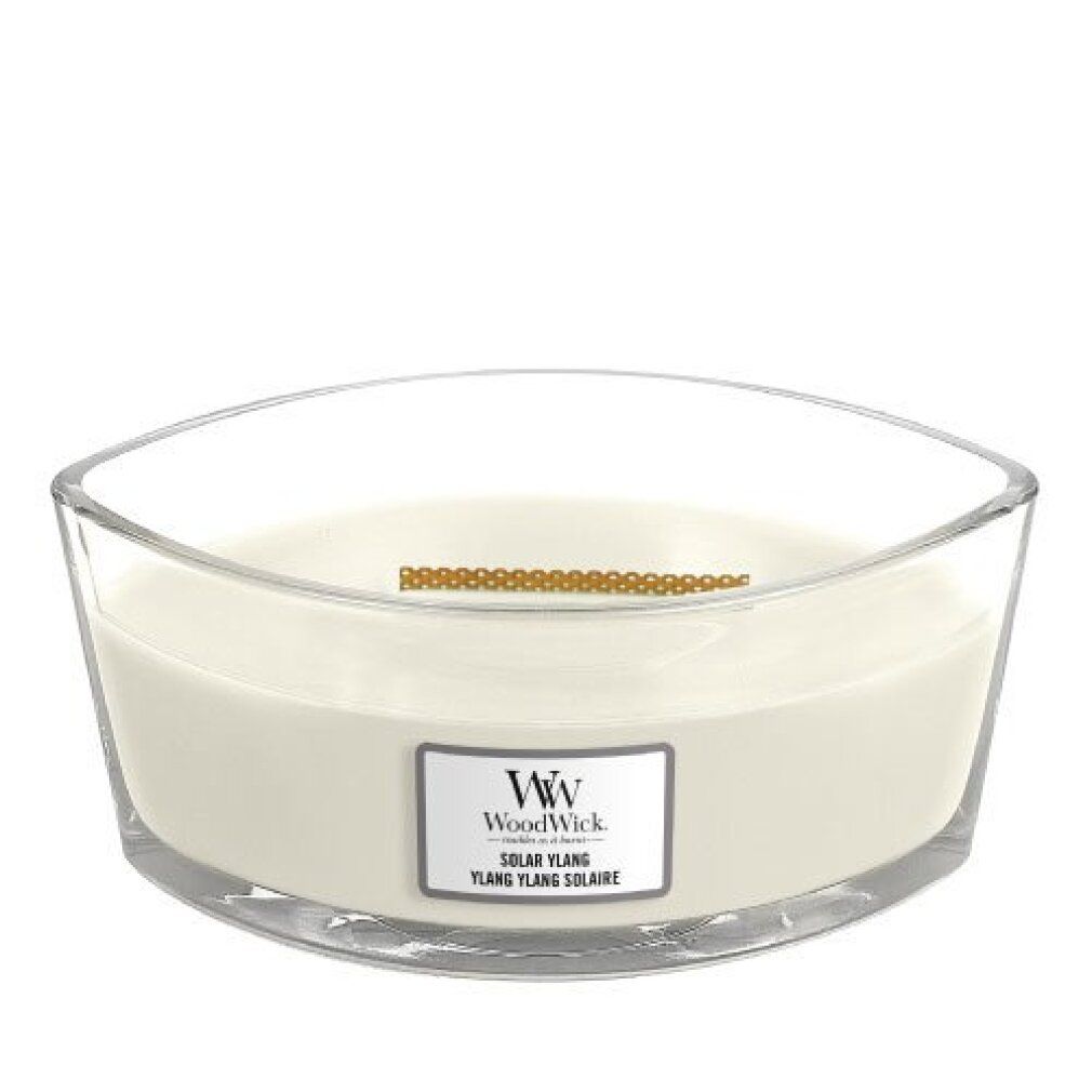 Glasbehälter mit Kerze. Aufkleber "WoodWick Solar Ylang".
