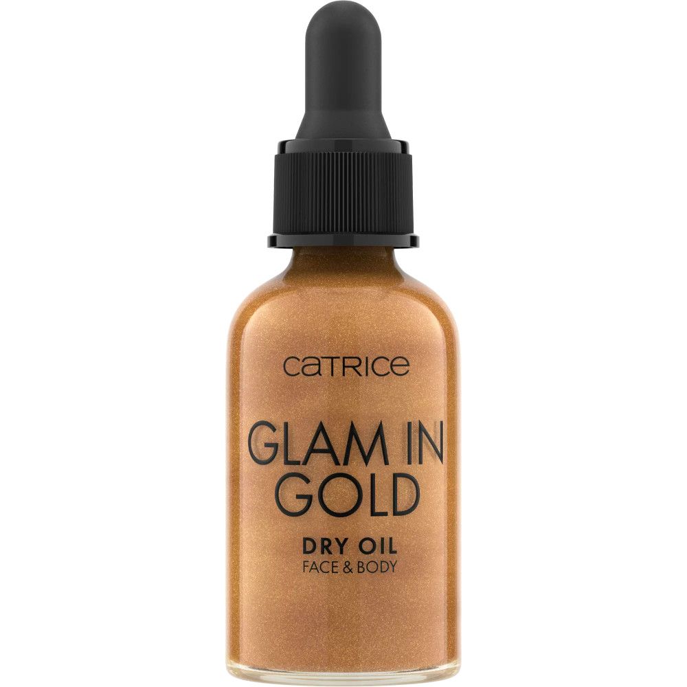 Braune Glasflasche mit schwarzem Deckel und Pipette. Aufschrift: Catrice, Glam In Gold, Dry Oil, Face & Body.