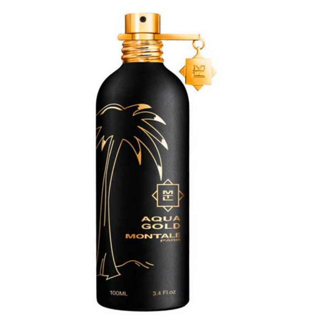 Schwarze Parfümflasche mit goldener Aufschrift und goldenen Details. Aufschrift: Montale Aqua Gold Eau de Parfum.
