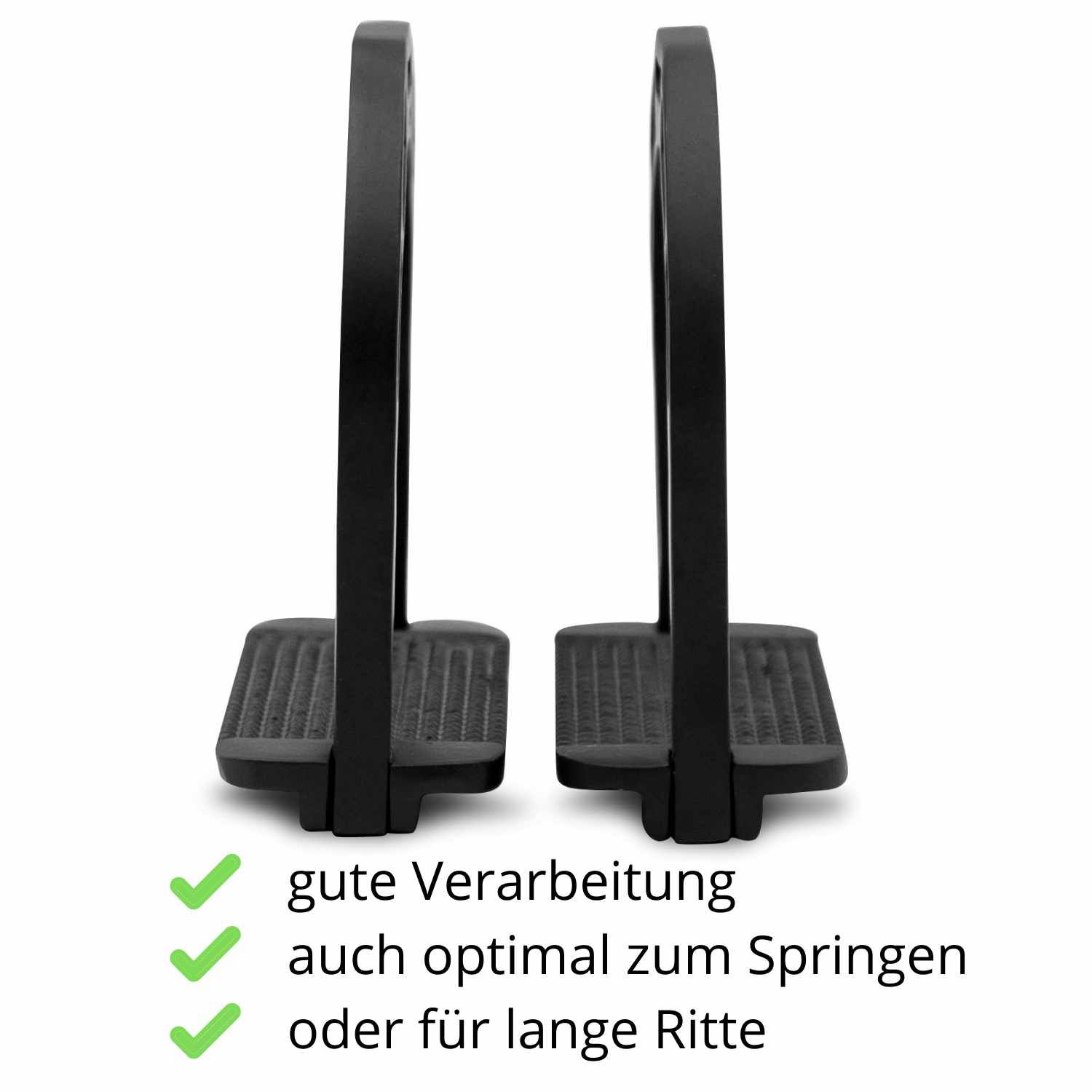 Zwei schwarze AMKA Aluminium Steigbügel. Gute Verarbeitung. Optimal zum Springen oder für lange Ritte geeignet.