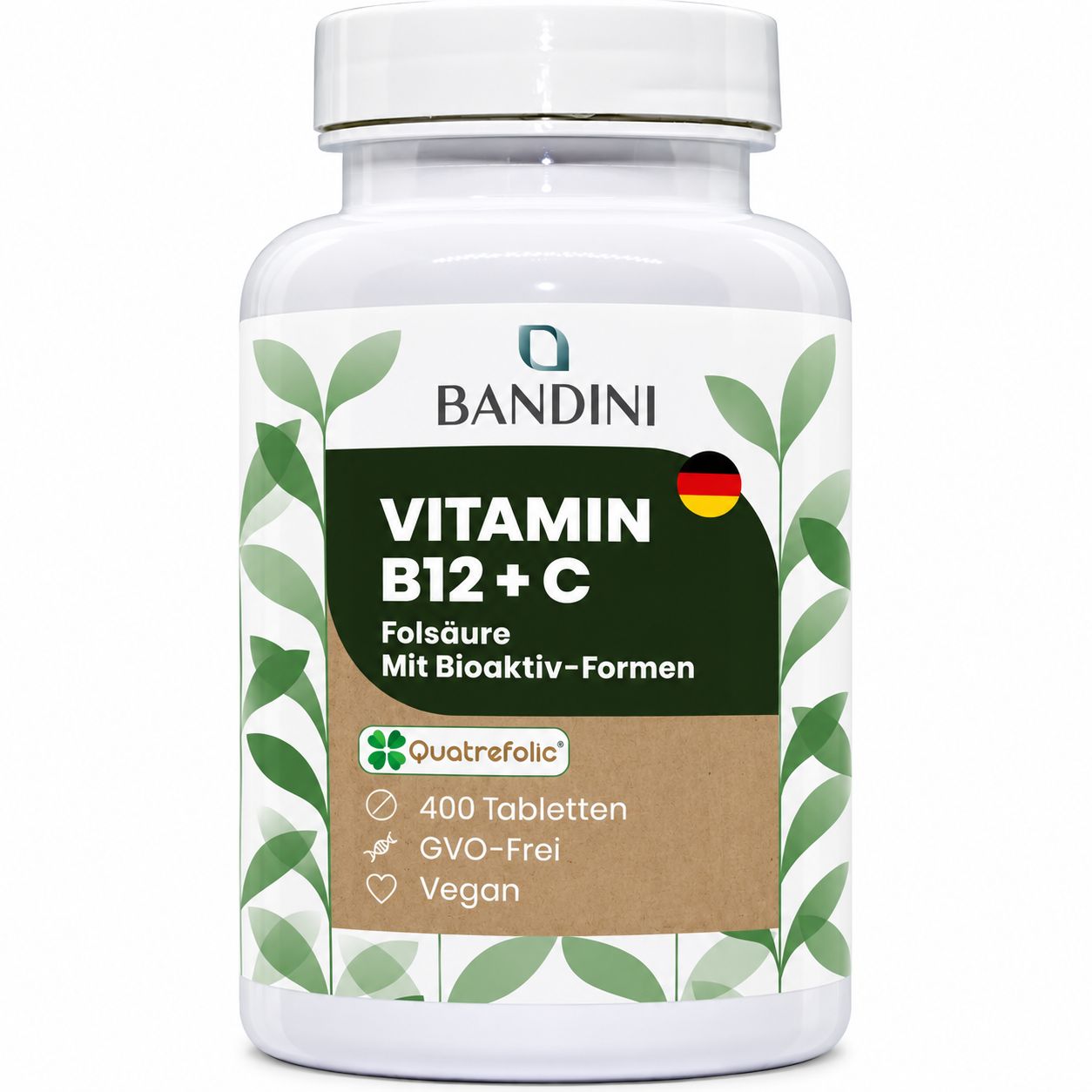 Bandini Vitamin B12 + C Flasche mit 400 Tabletten, Folsäure, GVO-frei, vegan.