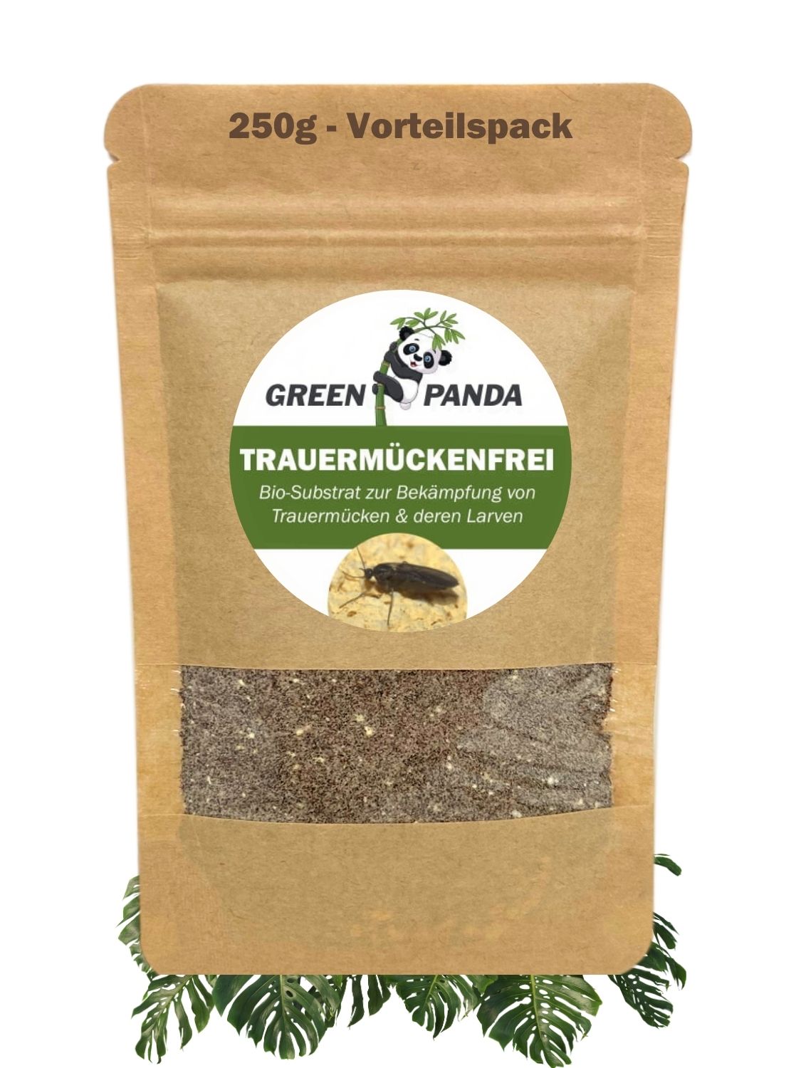 Produktbeutel mit GreenPanda Logo und Text: Trauermückenfrei. Bio-Substrat. 250g-Vorteilspack. Braune Verpackung.