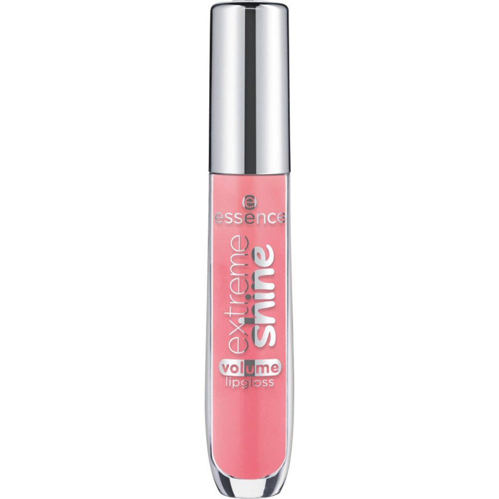 Lipgloss-Tube mit silbernem Deckel. Rosa Inhalt. Aufschrift: Extreme Shine Volume lipgloss. Marke: Essence.