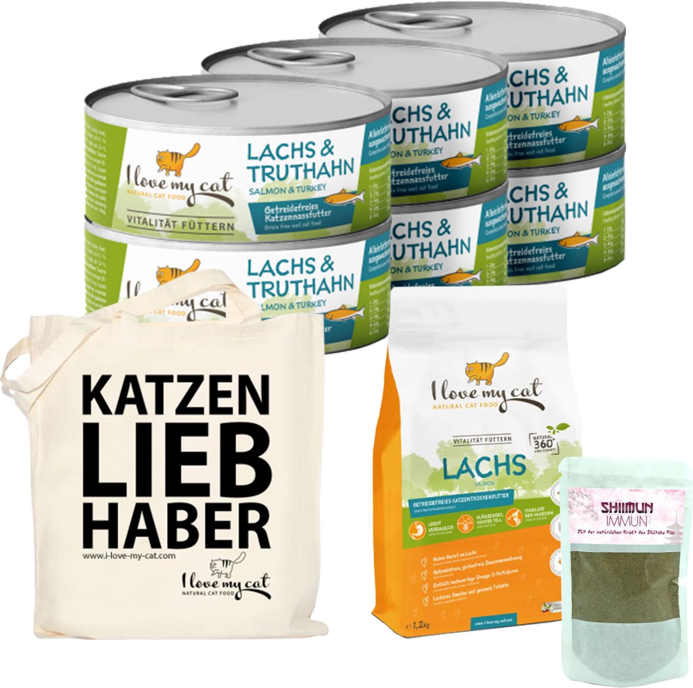 Mehrere Dosen Nassfutter, Trockenfutter-Beutel, Stoffbeutel mit Aufdruck und Kräuterbeutel. Aufdrucke: Lachs & Truthahn, Katzenliebhaber, I love my cat.