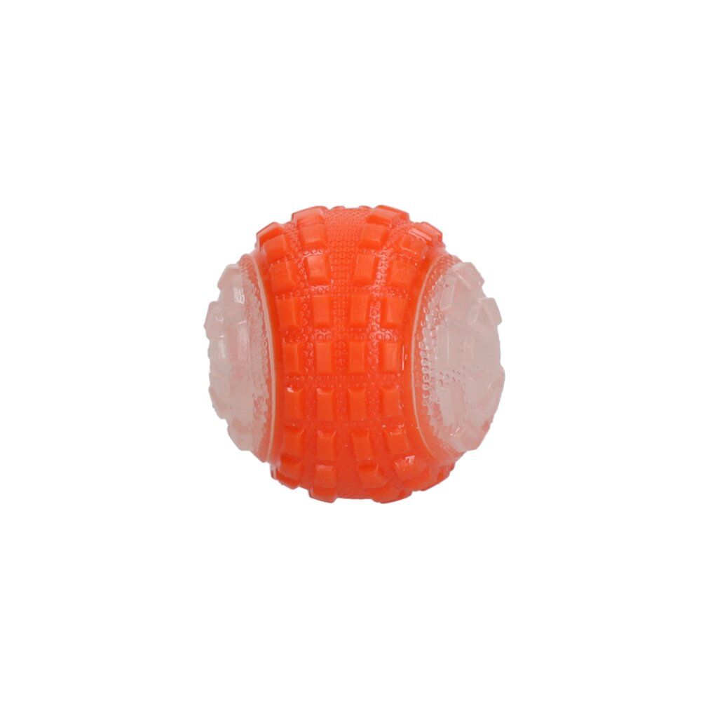 Orangefarbener Ball mit weißem, durchscheinendem Bereich. Oberfläche mit quadratischen Mustern. Für Hunde.