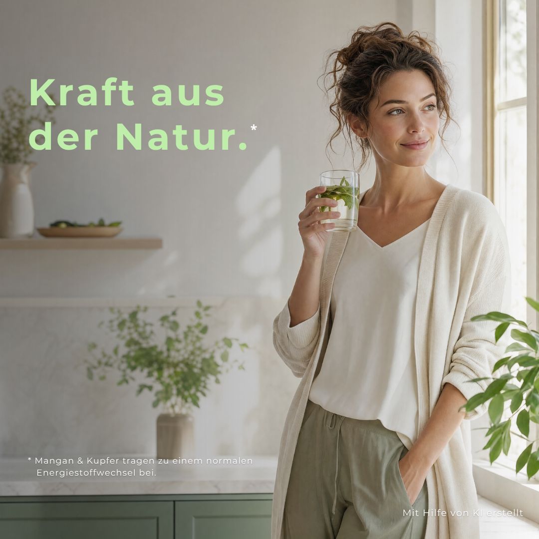 Frau trinkt Wasser in einem hellen Raum. "Kraft aus der Natur."