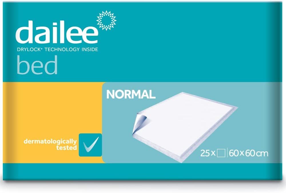 Dailee Bed Inkontinenz Bettunterlage, Normal, 25 Stück. Verpackung mit Produktabbildung und Logo.