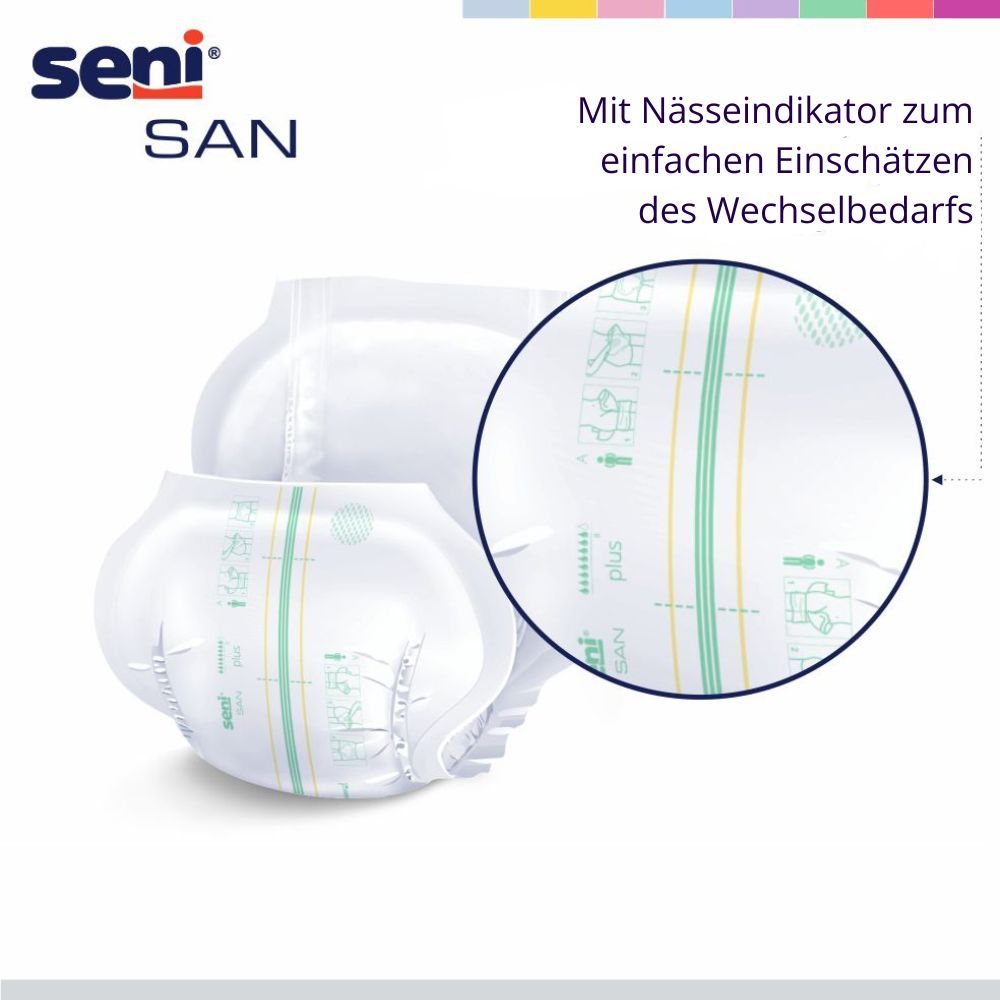 Inkontinenzeinlagen. Aufdruck: seni SAN. Mit Nässeindikator. Abbildung der Einlagen. Gelb-grüne Streifen.