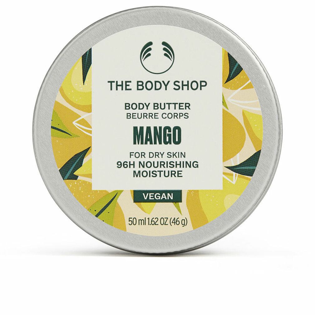 Runde Dose Body Butter Mango. Aufschrift: The Body Shop, Body Butter, Mango, für trockene Haut, 96H Feuchtigkeit. Vegan.