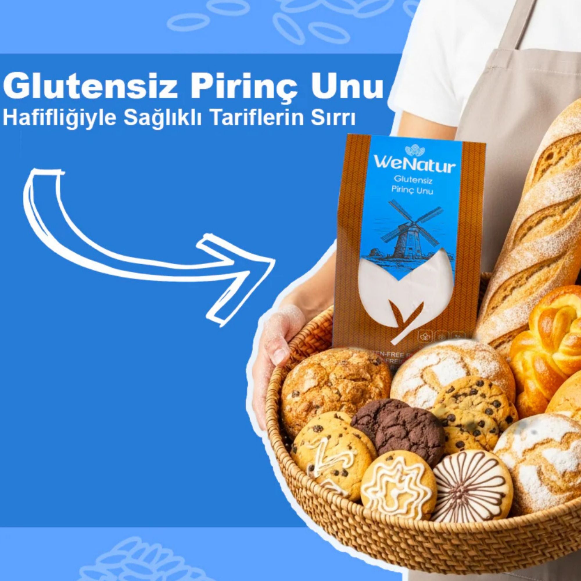 WeNatur glutenfreies Reismehl in einer Packung, umgeben von Backwaren.