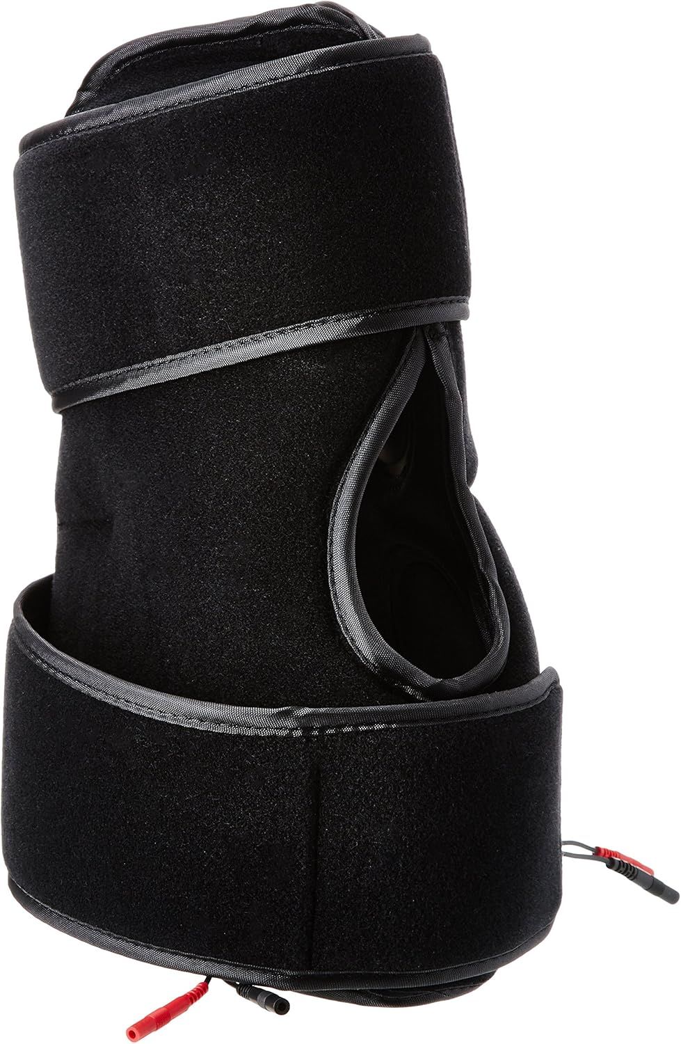 Schwarze Knieschmerzmanschette mit Klettverschlüssen und Kabeln. Sichtbare Öffnung für die Kniescheibe. Schwarzes Material.