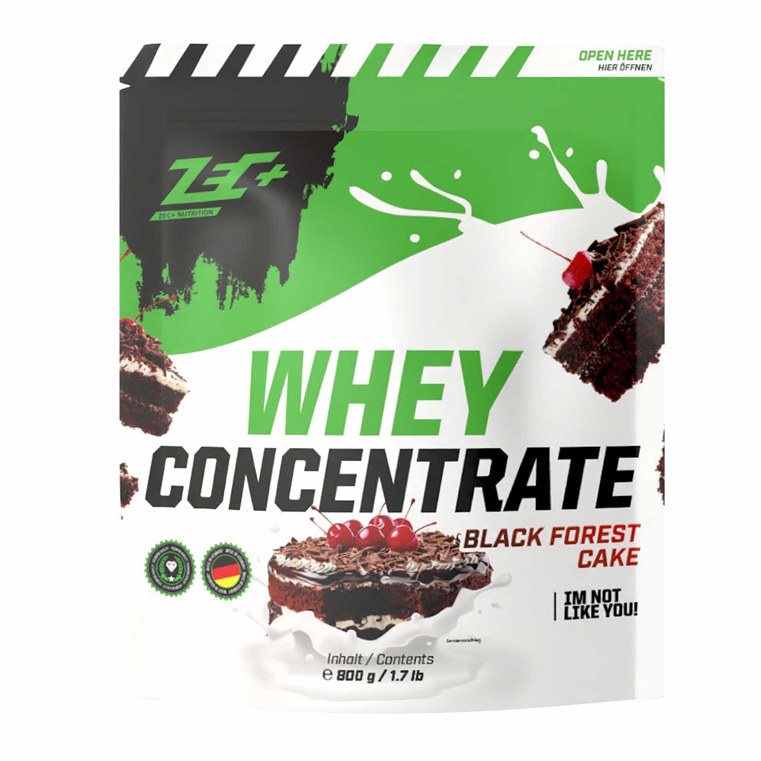 ZEC+ Whey Concentrate Beutel, Schwarzwälder Kirsch. Grün-weißes Design, Produktabbildung. Text: Whey Concentrate, Black Forest Cake.
