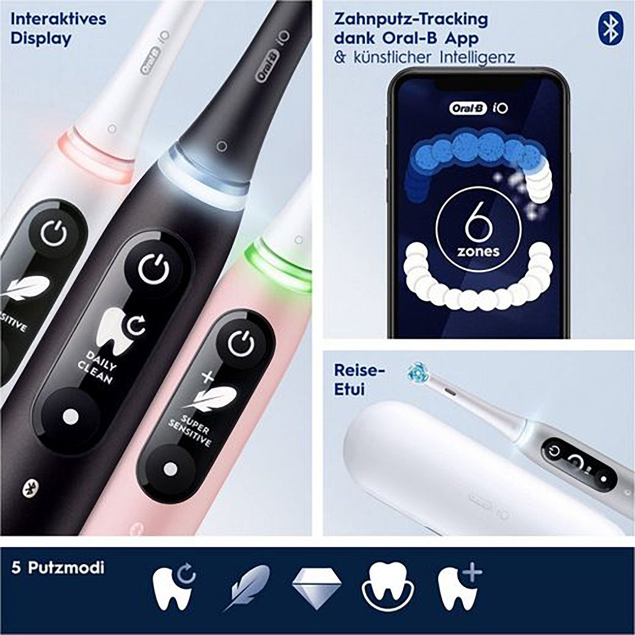 Drei Oral-B iO Series 6 Zahnbürsten in Schwarz, Rosa und Weiß.