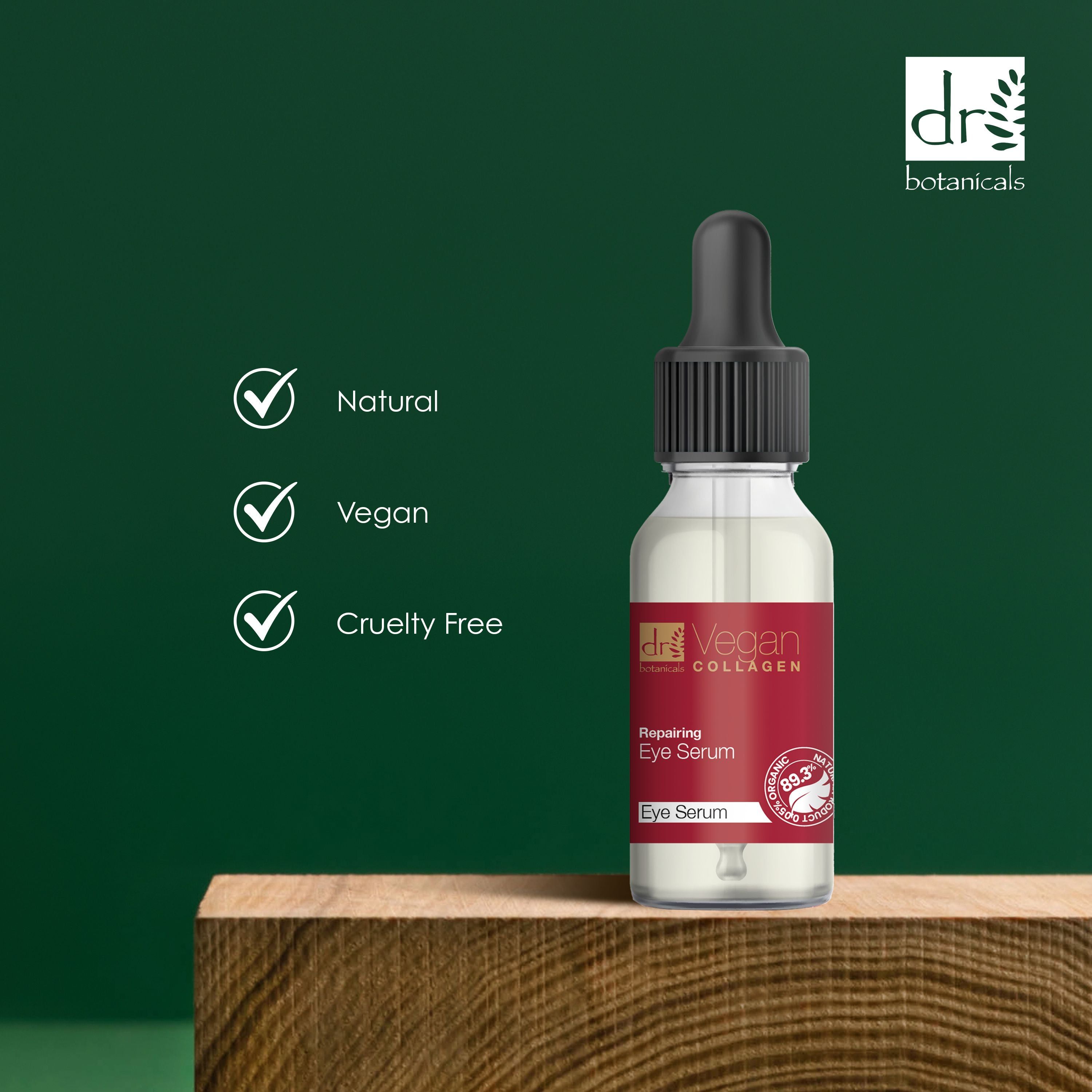Flasche mit Tropfer auf Holzblock. Text: Natural, Vegan, Cruelty Free. Logo Dr Botanicals Vegan Collagen.