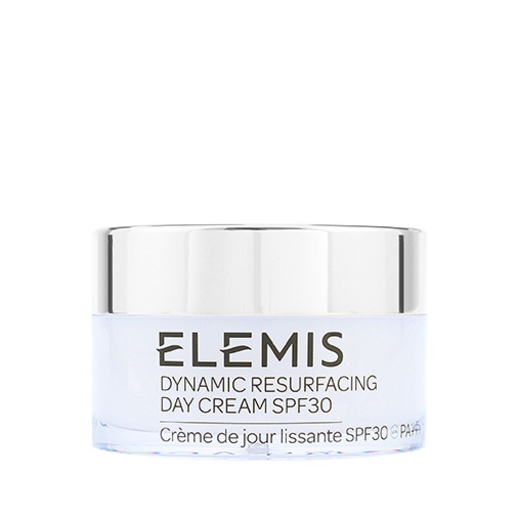 Cremebehälter mit silbernem Deckel. Aufschrift: Elemis Dynamic Resurfacing Day Cream SPF 30. Französisch: Crème de jour lissante SPF30.
