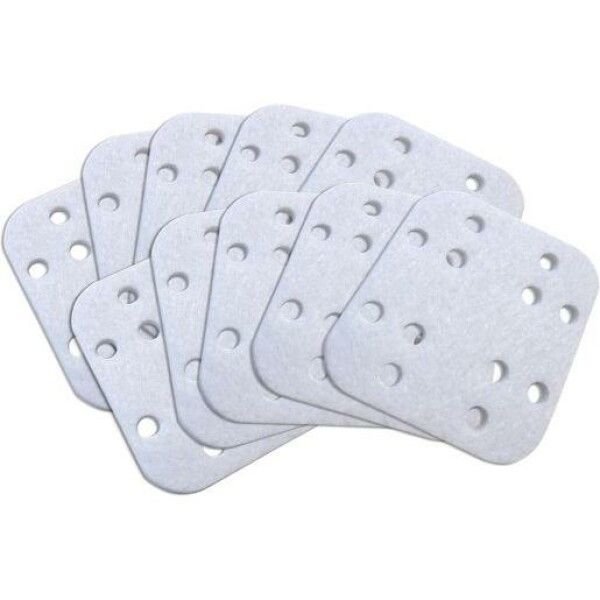 Mehrere weiße, rechteckige Pads mit abgerundeten Ecken und Löchern. Pads sind aus einem porösen Material.