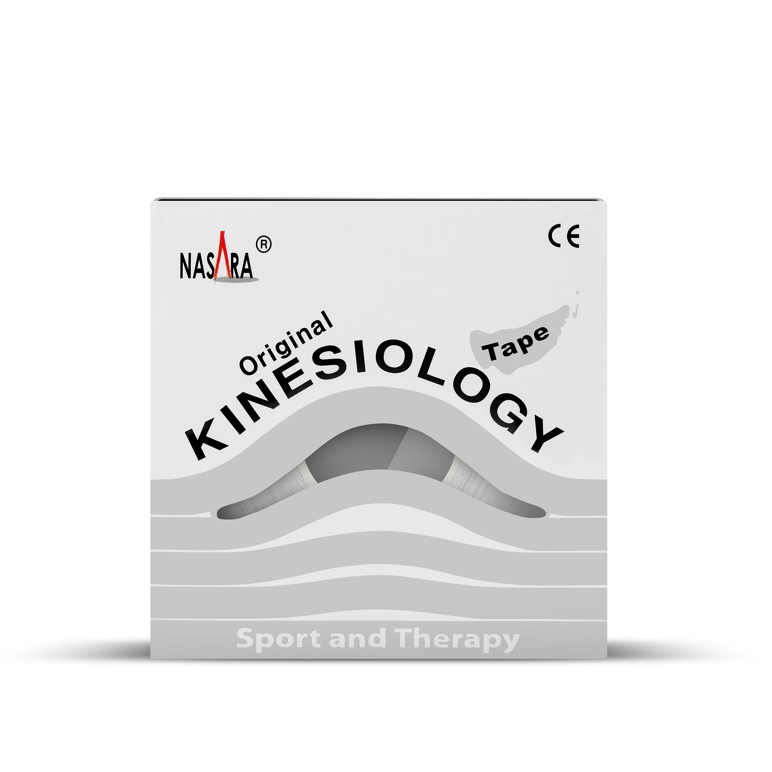 Weiße Box mit Kinesiologie Tape. Aufschrift: NASARA, Original Kinesiology Tape. CE-Zeichen.