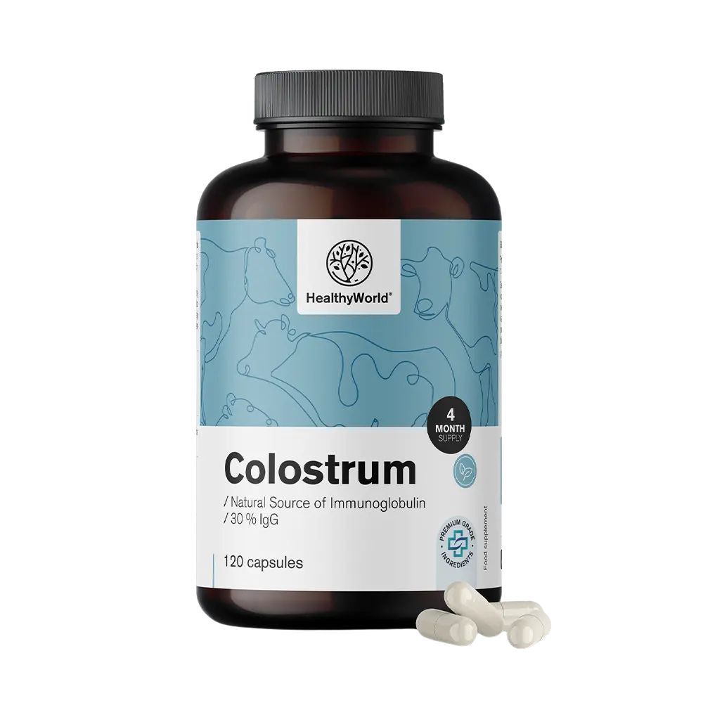 Braune Flasche mit Kapseln. Aufschrift: Colostrum, 30% IgG, 120 Kapseln. Marke: HealthyWorld.