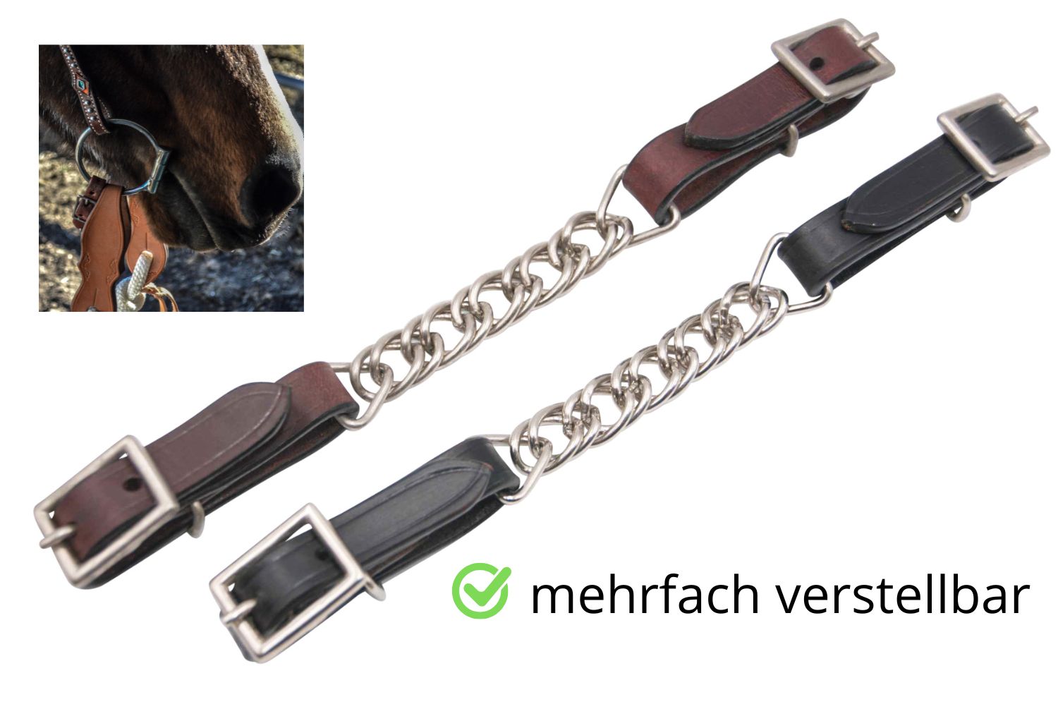 Zwei Kinnketten mit Lederschlaufen. Eine braune und eine schwarze Lederschlaufe mit Metallverschluss. Kette aus Metall. Text: mehrfach verstellbar.