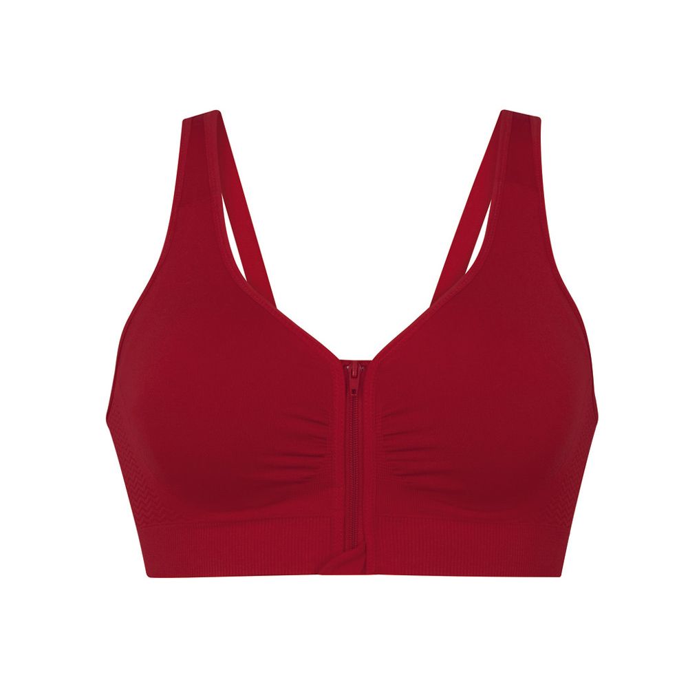 Roter Sport-BH mit Reißverschluss vorne und breiten Trägern.