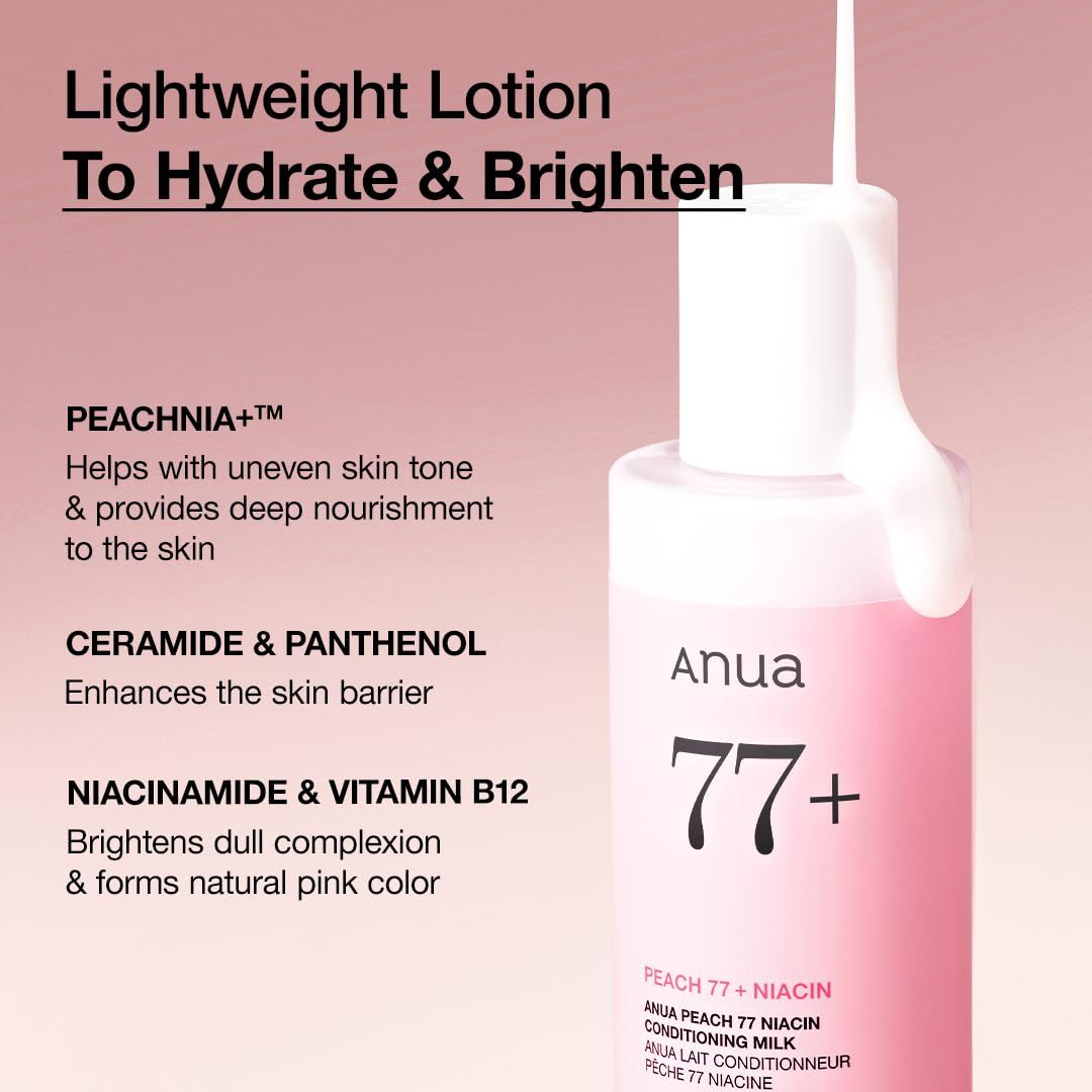 Rosa Flasche mit "Anua 77+". Text: "Peach 77 + Niacin Conditioning Milk". Creme wird ausgegeben.