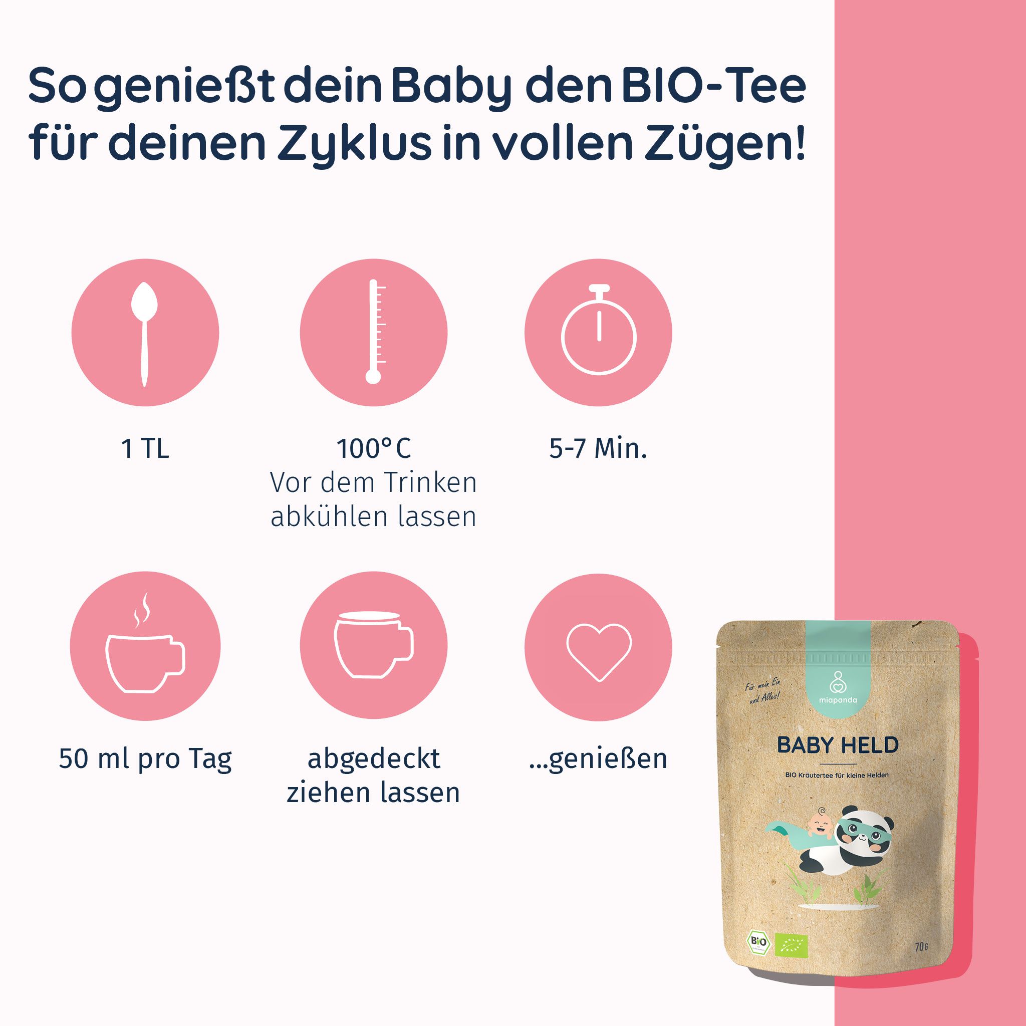 Grafik mit Symbolen: Löffel, Thermometer, Uhr, Tasse, Tasse, Herz. miapanda Baby Held Tee-Beutel.