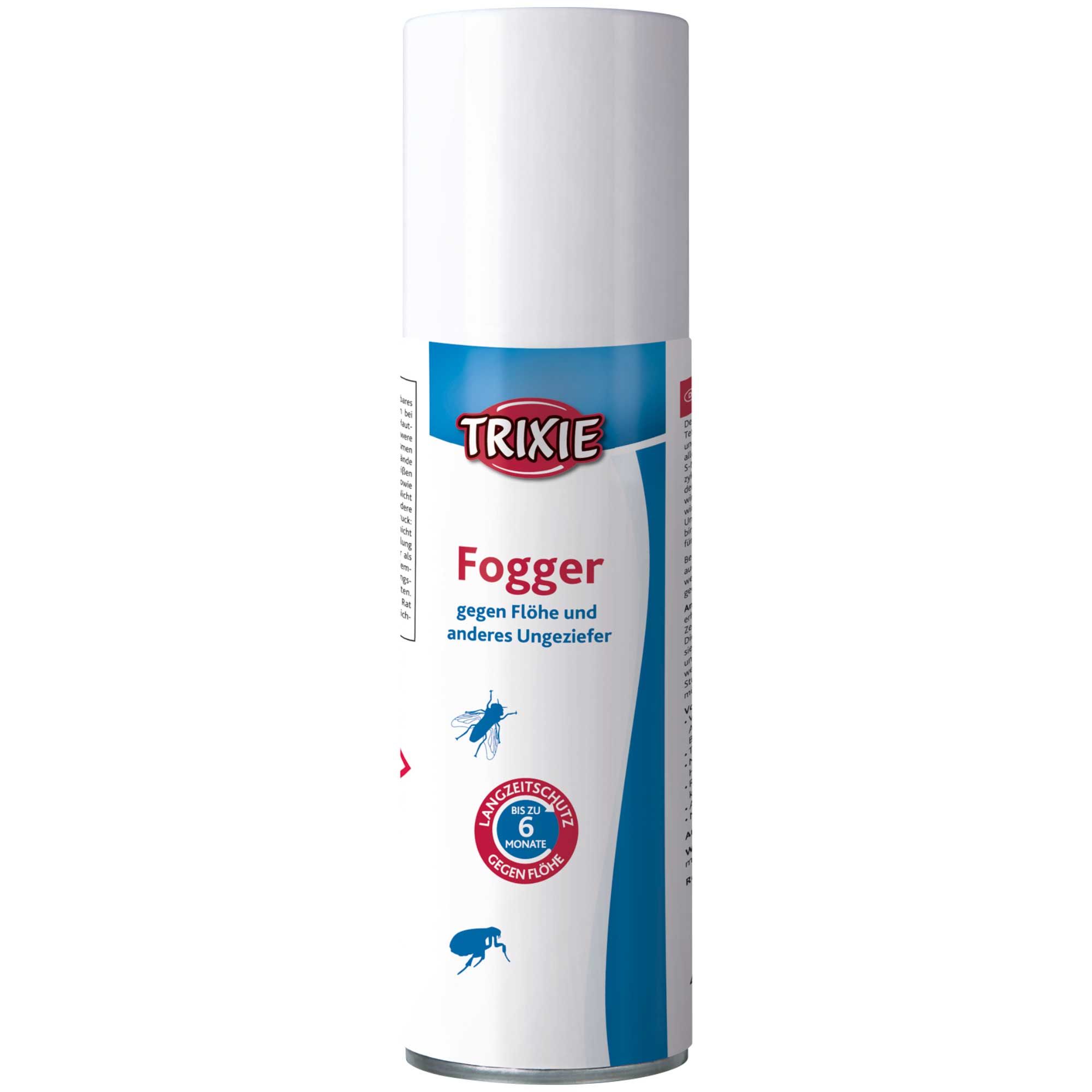 Weiße Sprühdose mit blauem Etikett. Aufschrift: TRIXIE Fogger gegen Flöhe und anderes Ungeziefer. 6 Monate Langzeitschutz.