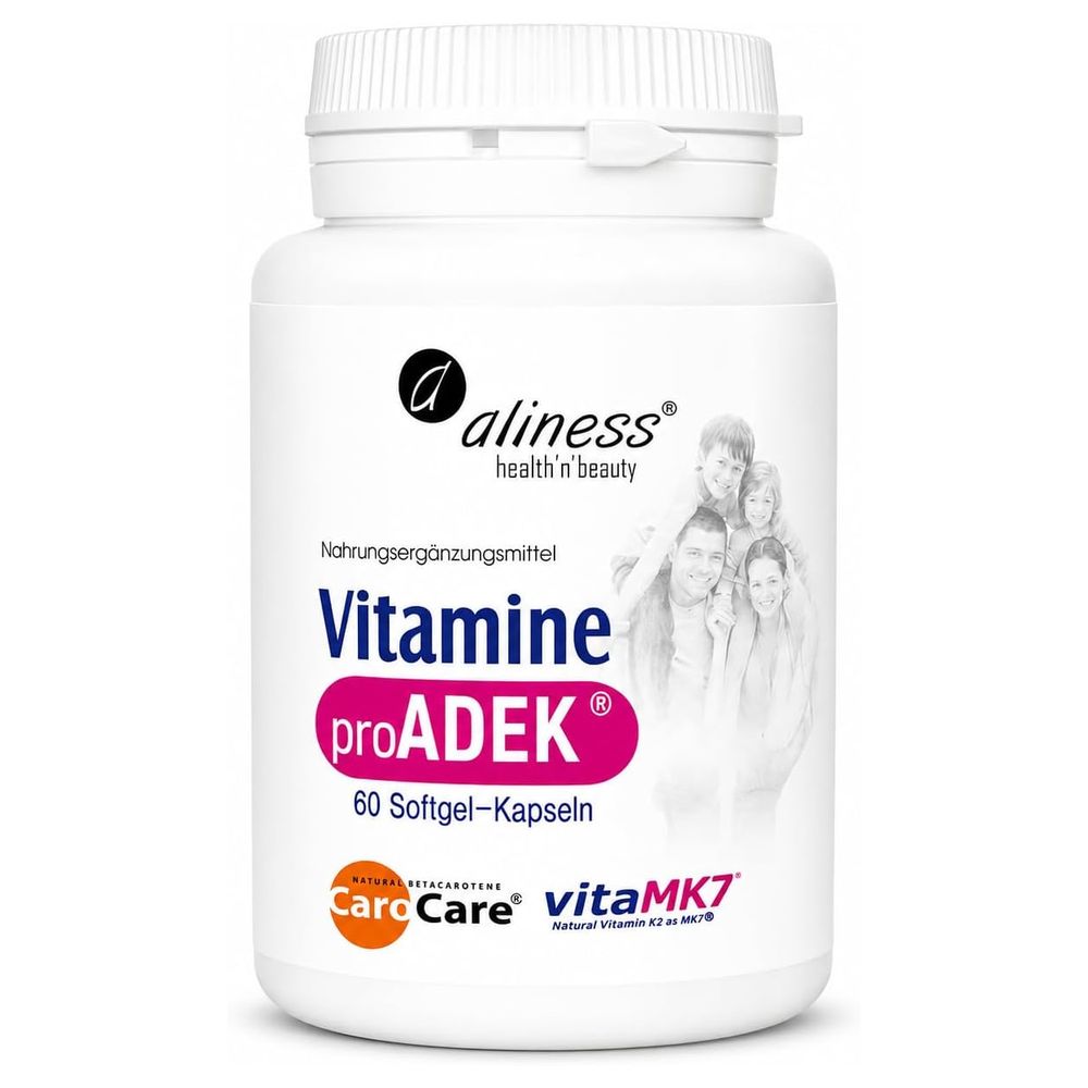 Aliness Vitamine proADEK: Unterstützung für Knochen, Immunsystem, Sehkraft und Zellschutz.