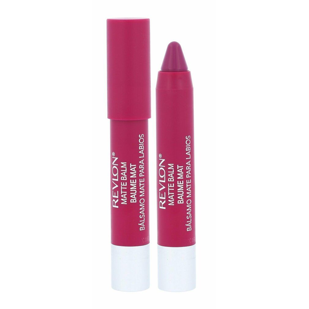 Zwei Revlon Matte Balm Lippenstifte. Zylindrisch, dunkelrosa. Weißer Boden. Text: Revlon, Matte Balm, Baume Mat, Balsamo Mate Para Labios.
