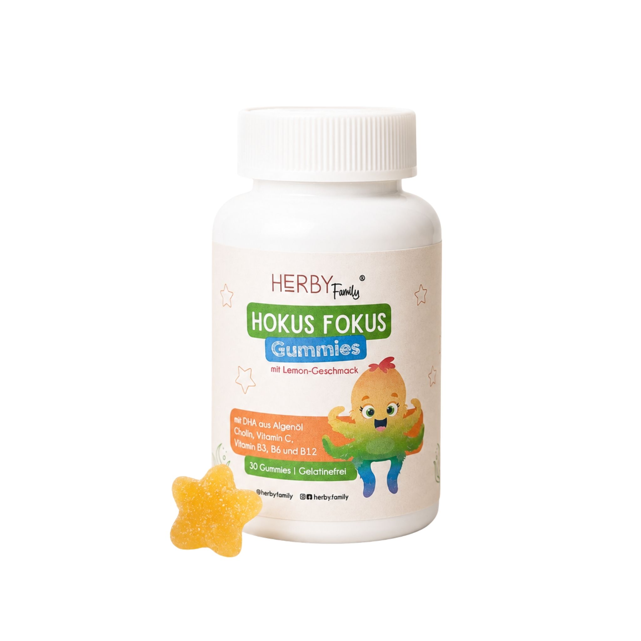 Flasche Herby Family Hokus Fokus Gummies mit einem Stern-Gummie daneben.