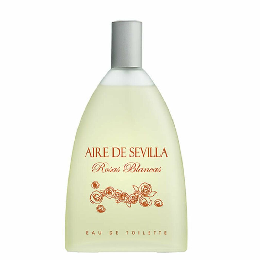 Parfümflasche mit silbernem Verschluss. Aufschrift: Aire de Sevilla Rosas Blancas Eau de Toilette. Rosen-Dekor.
