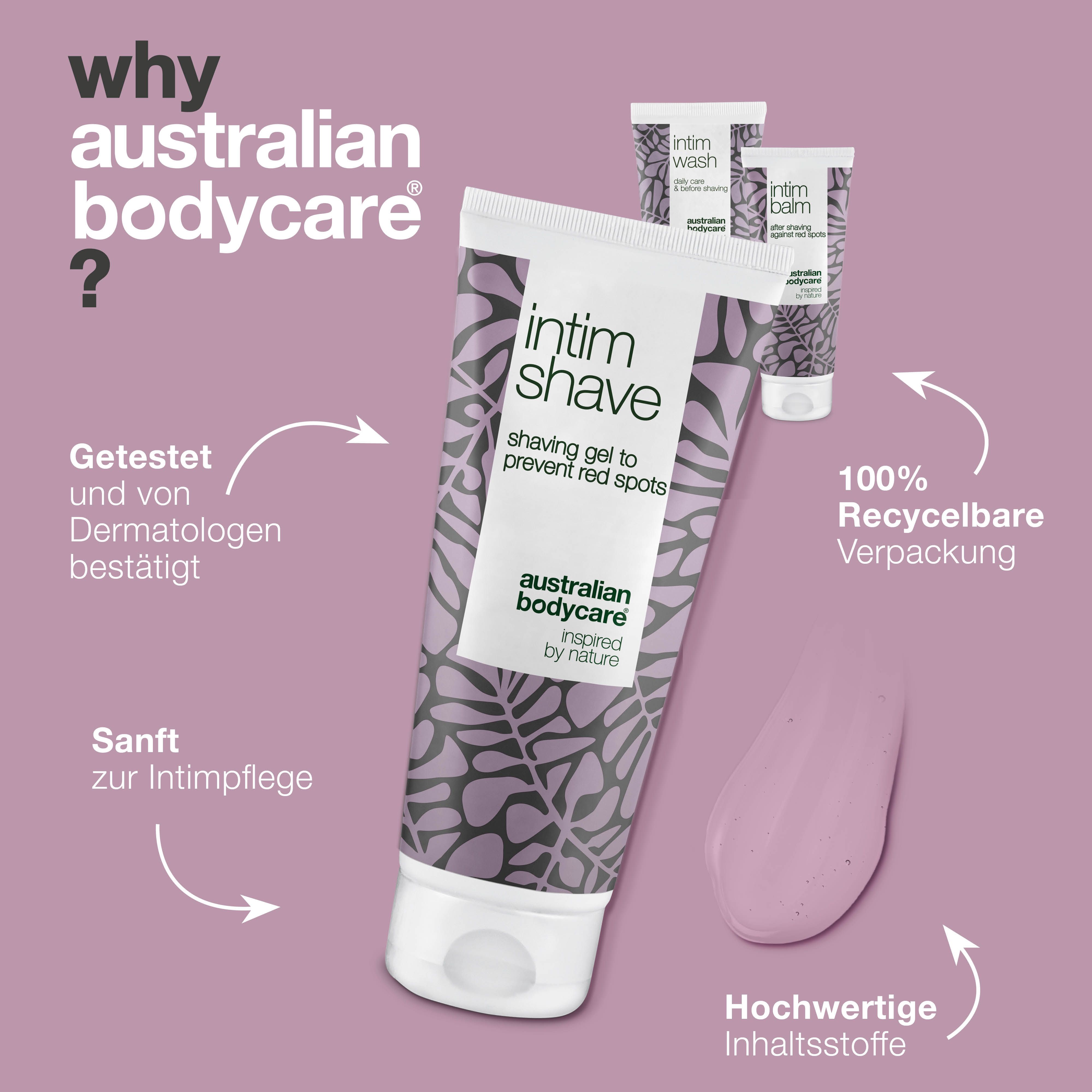 Australian Bodycare Intim Shave Tube, rosa Gel daneben. Text und Logos.
