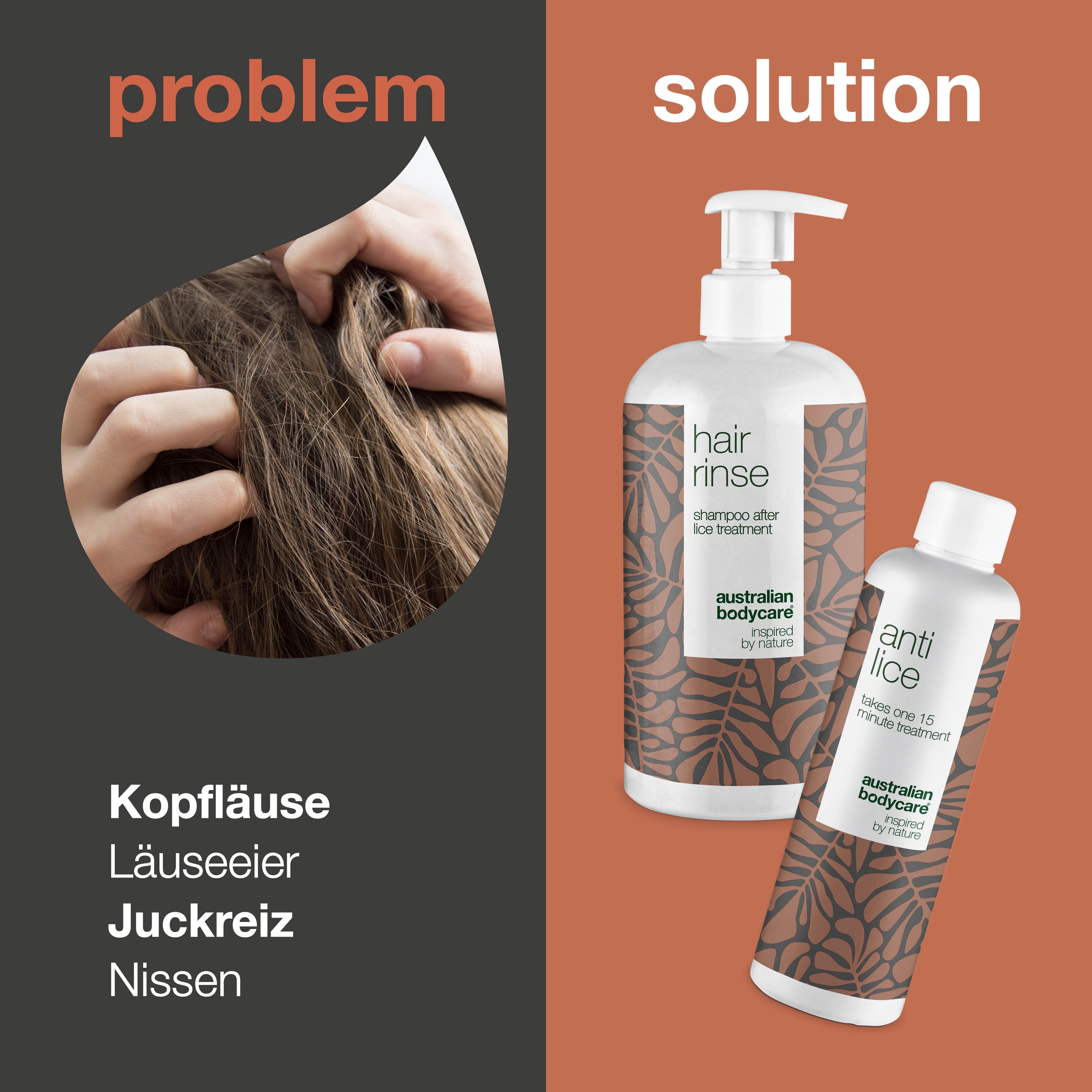 Haar mit Läusen und Shampoo-Flaschen. „Hair rinse“ und „anti lice“. Marke: Australian Bodycare.