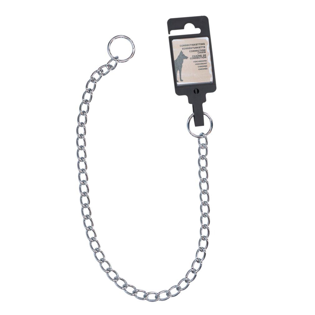 Verchromte Korrekturkette. Kette mit Gliedern, zwei Ringen und schwarzem Aufhänger mit Produktinformationen.