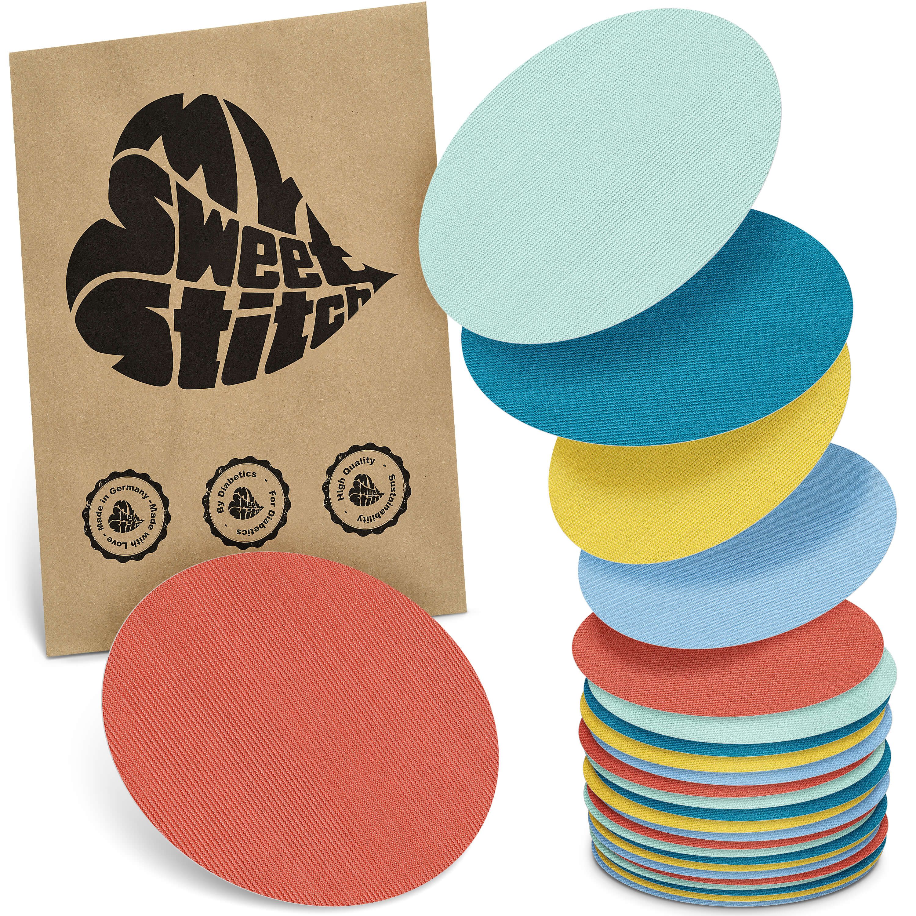 Mehrfarbige, ovale Pflaster. Eine Packung mit Logo und Siegeln. Stapel von Pflastern in verschiedenen Farben.