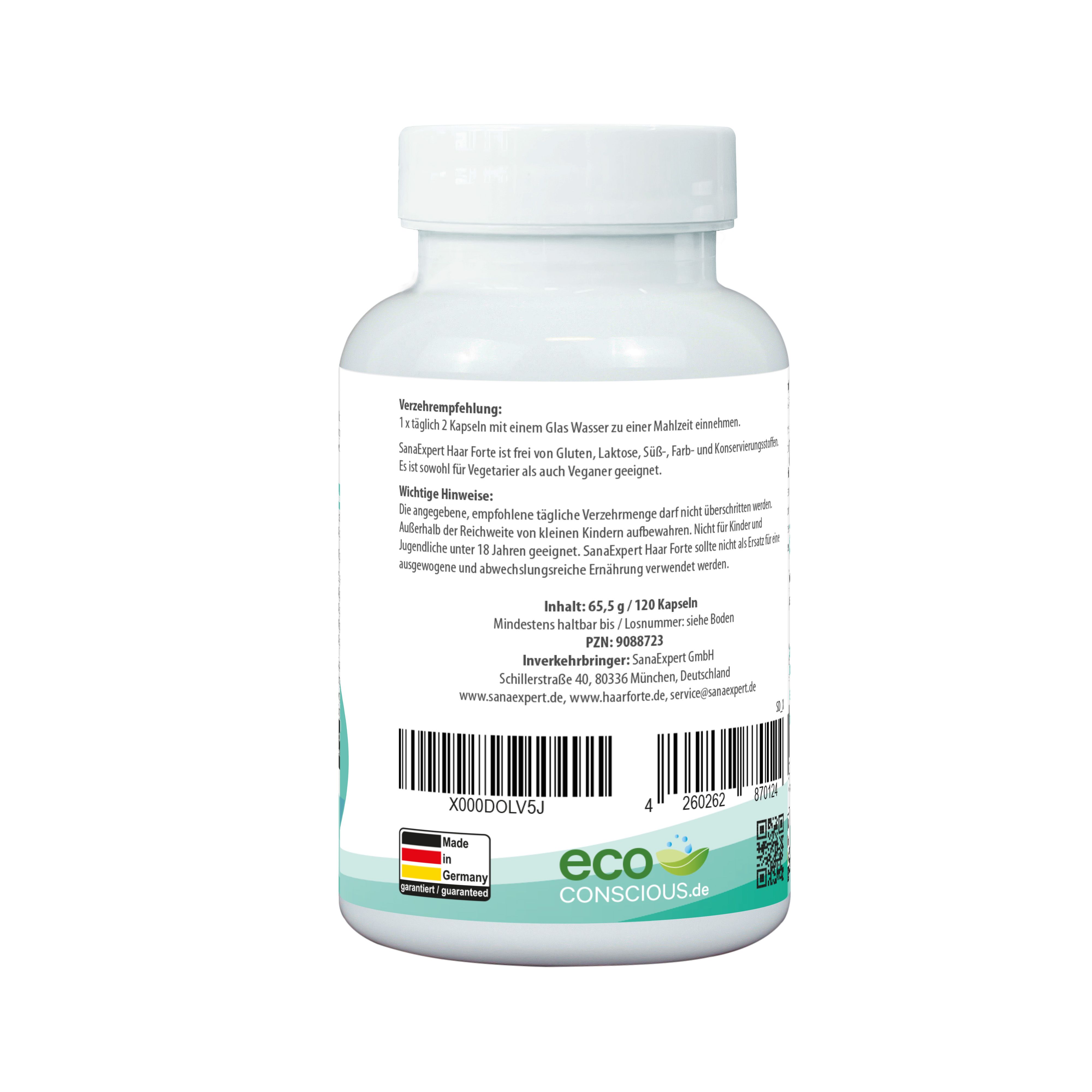 Weiße Flasche SanaExpert Haar Forte Kapseln. Rückseite mit Informationen, Inhaltsstoffen und dem Eco Conscious Siegel.