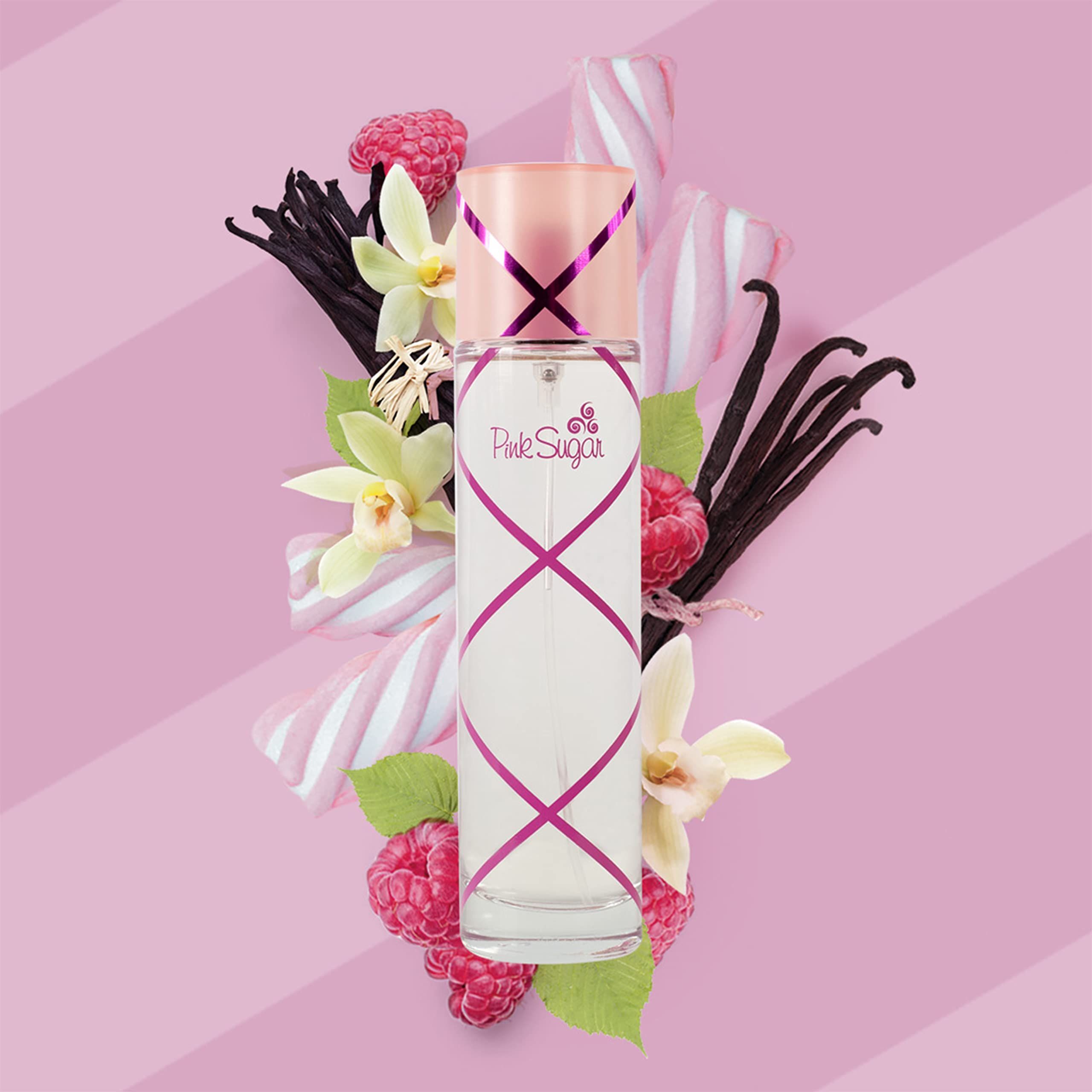Parfümflasche mit rosa Akzenten und Schriftzug Pink Sugar. Umgeben von Himbeeren, Vanille und Marshmallows.