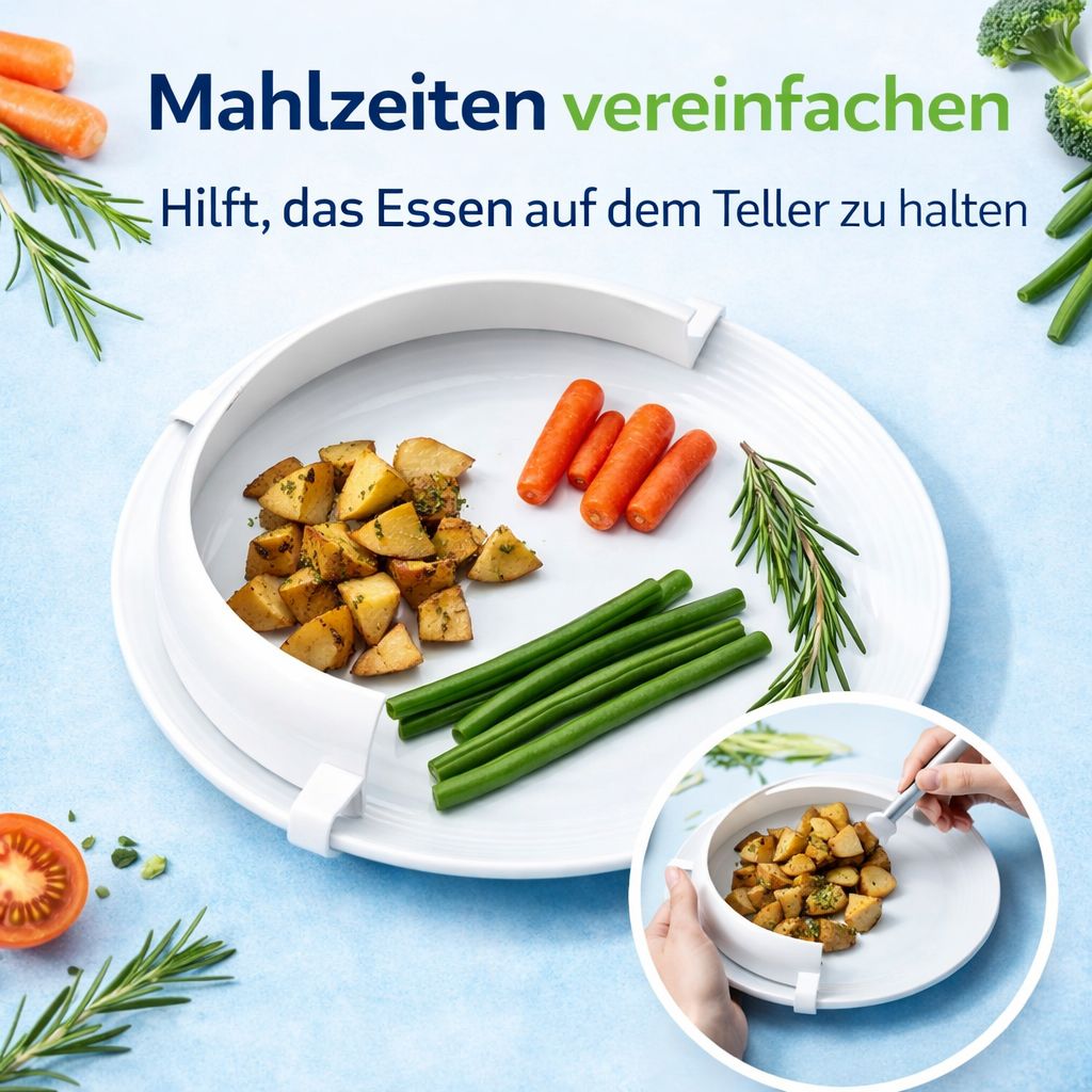 Teller mit erhöhtem Rand, gefüllt mit Essen. Gemüse und Kräuter umgeben den Teller. Hände halten Teller mit Essen.