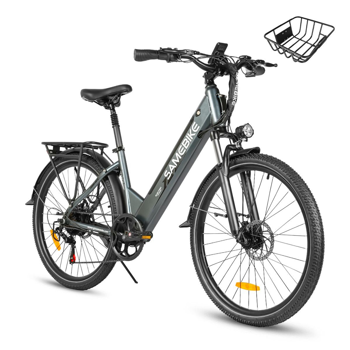 Elektrofahrrad SAMEBIKE RS-A01 Pro-T, grau. Korb, Gepäckträger, Schutzbleche. Schwarze Reifen, Sattel, Lenker. Frontscheinwerfer.