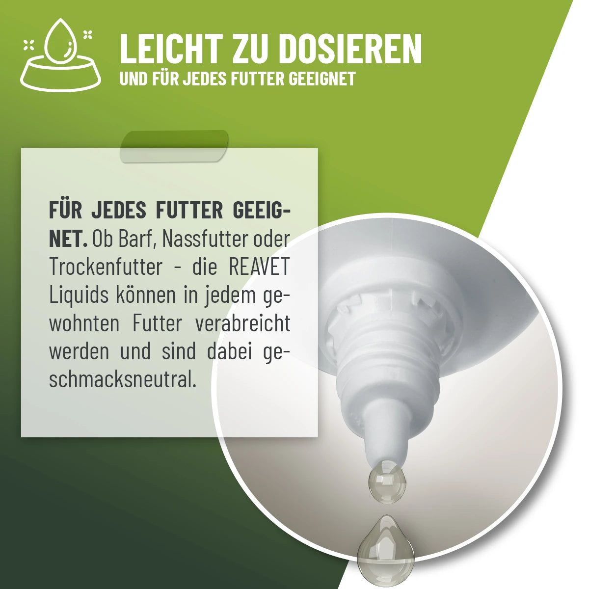 Nahaufnahme des Tropfaufsatzes. Text: Leicht zu dosieren und für jedes Futter geeignet.