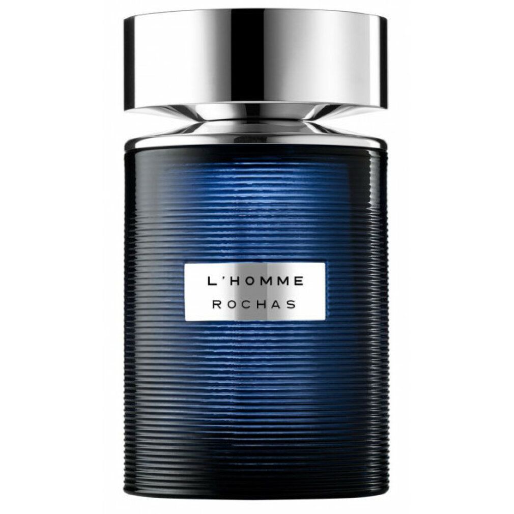 Blauer Flakon mit silbernem Deckel. Aufschrift: L'HOMME ROCHAS.