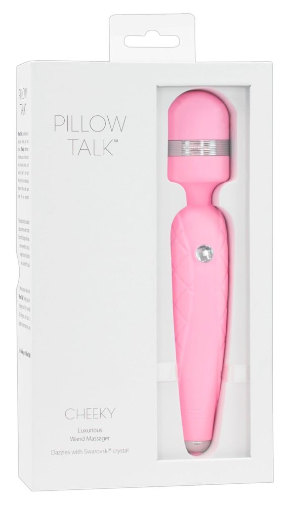 Verpackung mit einem rosa PILLOW TALK Cheeky Vibrationsstab mit Swarovski-Kristall.